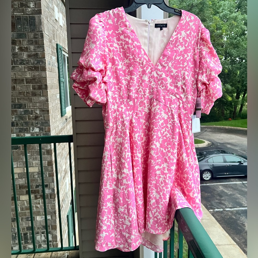 🆕 STATE Pink Glow Willow Wisps V-Neck Mini Dress with Ruffle Sleeves L - Picture 3 of 12